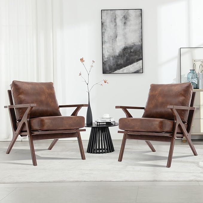 INZOY Mid-Century Modern Accent Chair Set of 2 PU Leather Living Room Chair and Soft Thick Padded Armchair for Living Room Bedroom Reception with Removable Upholstered Cushions Reddish Brown