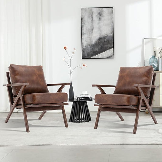 INZOY Mid-Century Modern Accent Chair Set of 2 PU Leather Living Room Chair and Soft Thick Padded Armchair for Living Room Bedroom Reception with Removable Upholstered Cushions Reddish Brown