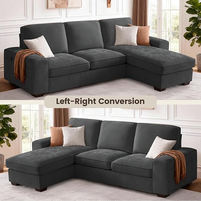PARKOL 99 L-Shaped Sectional Couch with Storage Sofa with Reversible Chaise USB Type-C Charging Chenille Fabric Removable Cushion Covers for Small Space Apartment Living Room Dark Gray