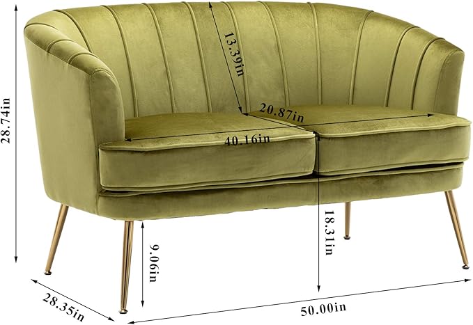 Artechworks Contemporary Velvet Loveseat Chair with Gold-Finished Metal Legs 2-Seat Sofa for Living Room Bedroom Home Office Grass Green