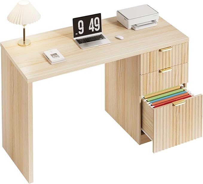 Fluted Desk with File Drawers - 47 Inch Modern Executive Desk Wood Desks with Cabinet Drawers for Home Office Boho Wooden Computer Desks with Storage for Writing Study Bedroom Light Natural Oak