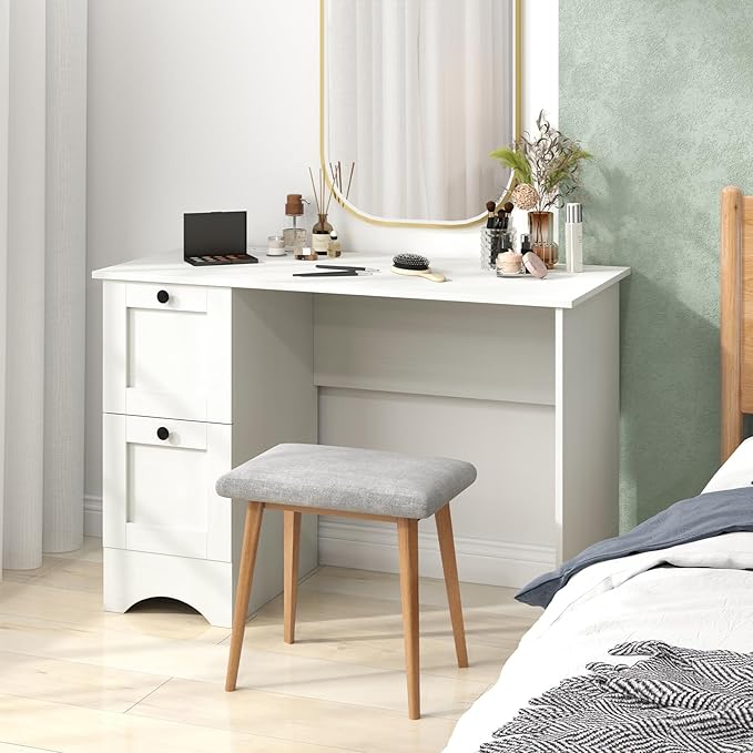 White Computer Desk 43” Desk with Drawers Home Office Desks with Power Outlet Modern Makeup Vanity Wooden Gaming Table Small Desk for Bedroom Writing Study Workstation for Teens