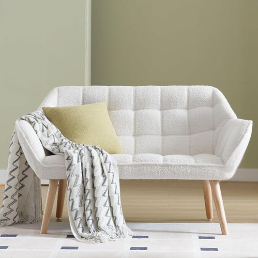 48”Small Loveseat Sofa Modern Sherpa Upholstered Mini Couch 2-Seater Fluffy Love Seat with Quilting Backs and Wood Legs for Living Room Bedroom and Small Space White