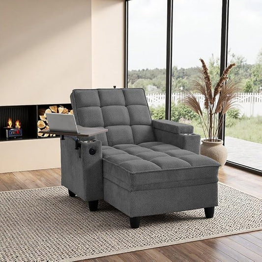 Modern Tufted Linen Fabric Chaise Lounge Sofa Chair with Rotating Side TableStoragePillowUSB Charging Ports and Adjustable Backrest Perfect for Living Room Small Spaces (12-Dark Gray)