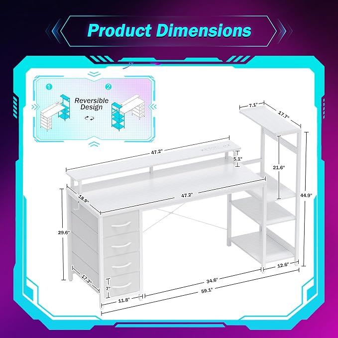 59 Inch Gaming Desk with LED Lights and Power Outlets Computer Desk with Storage Shelves Fabric Drawers Monitor Stand &amp Side Hook Reversible Gamer Table for Home Office Carbon Fiber White
