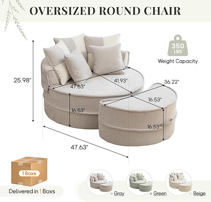 47.63'' Oversized Accent Barrel Chair with Ottoman Modern Round Boneless Idoor Chaise Lounge Chair and A Half Comfy Velvet Compression Large Reading Armchair with 5 Pillows for Living Room Gray