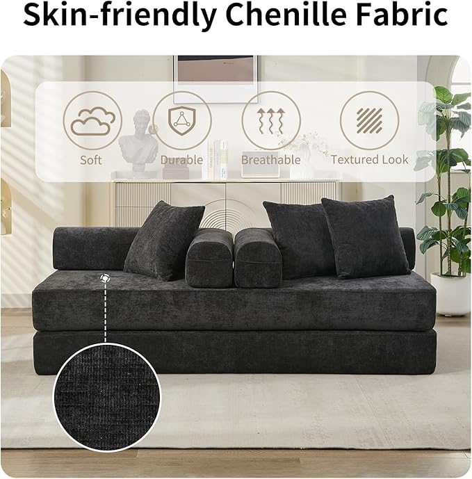 Convertible Sofa Bed 4-in-1 Floor Foldable Couch Bed with Armrests &amp Pillow Chenille Fabric No Assembly Required Comfy Memory Foam Couch Lounge Sofa for Living Room Black