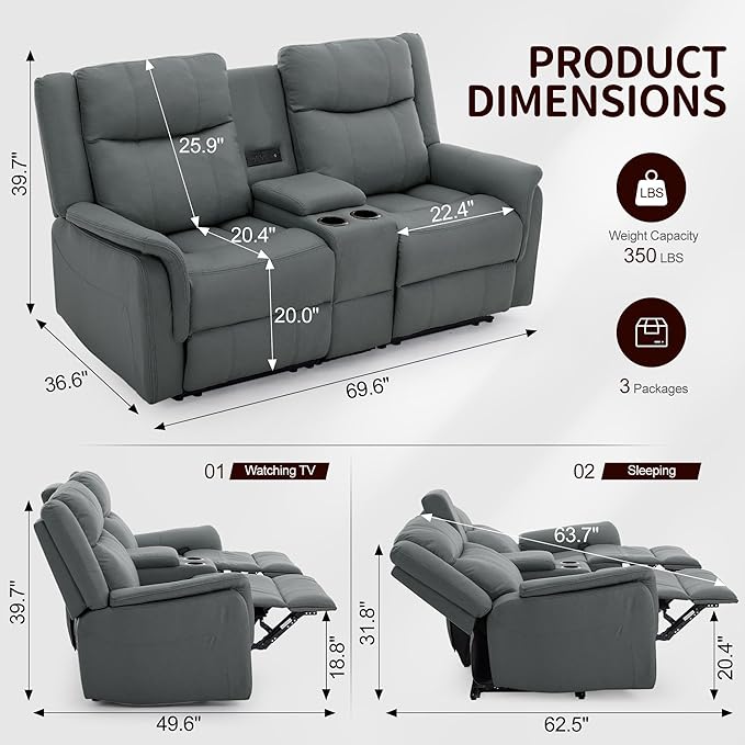 Loveseat Recliner Sofa Reclining Loveseat Couch Reclining Couch with Console USB Port US Outlets and Cup Holders 2-Seater Sofa for Living Room