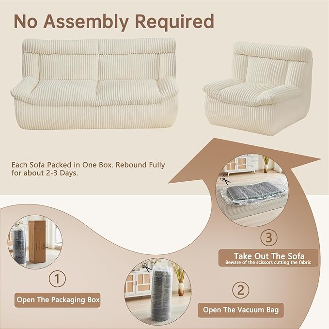 Boneless Loveseat Sofa 82 Corduroy Oversized Cloud Couch 2 Seater with Deep Seat Modern Love Seat Couch with Memory Foam Beige Boneless Couches for Living Room Apartment