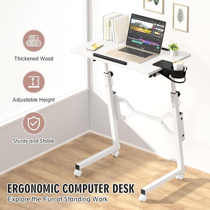 Small Standing Desk with Wheels Portable Treadmill Desk Rolling Desk Adjustable Height for Laptop Mobile Standing Table for Walking Pad Bedside Table