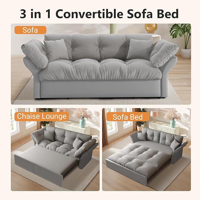 74.8 Queen Pull Out Sofa Bed 3-in-1 Convertible Sleeper Sofa Velvet Small Loveseat for Small Spaces Comfy Cloud Pullout Couches Multi-Functional Couches for Living Room Apartment and Office