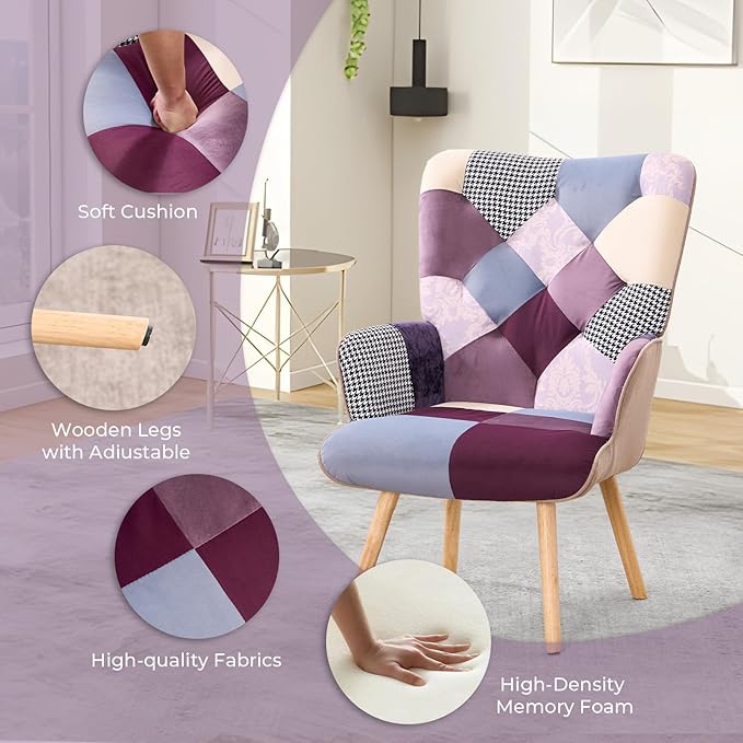 Joysoul Living Room Accent Chair Modern High Back Arm Chair Houndstooth Pattern Bohemian Style Chairs for Bedroom Waiting Room (Purple Plaid)