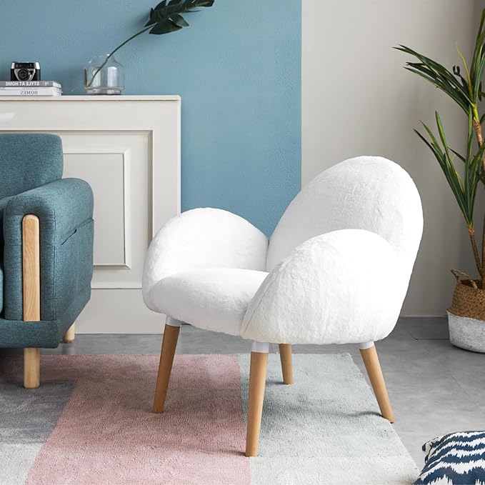 White Small Accent Chair - Solid Beech Wood Frame Lamb Fabric - Comfortable Armchair Single Sofa Chair for Living Room Bedroom Sunroom