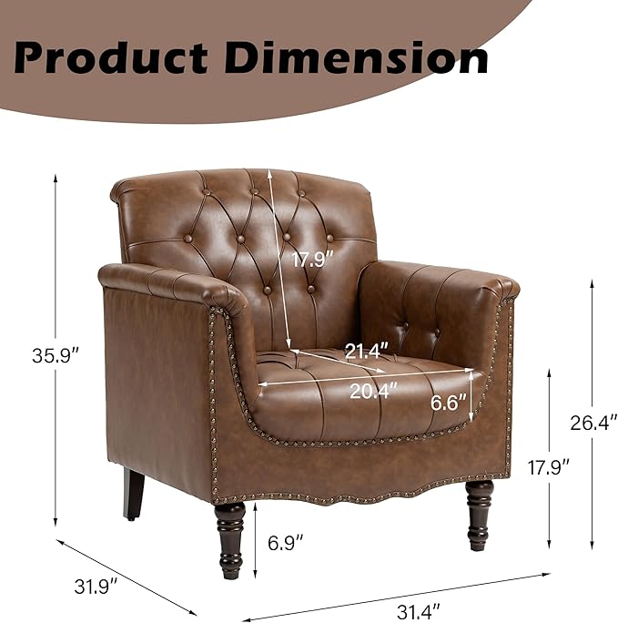 Faux Leather Accent Chair Modern Armchair Club Chair with Nailhead Trims &amp Wood Legs for Living Room Upholstered Comfy Arm Chair Side Chair for Office Bedroom-Brown