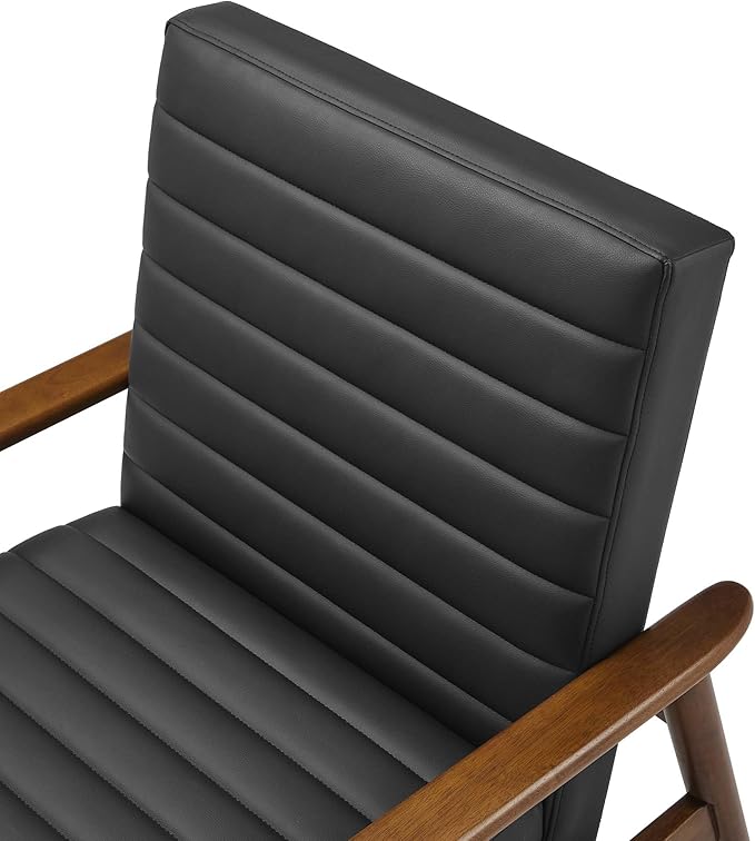 Modway Jensen Vegan Leather Accent Chair in Walnut Black - Mid-Century Modern Armchair with Solid Wood Legs &amp Armrest - Upholstered Faux Leather Single Side Chair - Reading Chair for Living Room