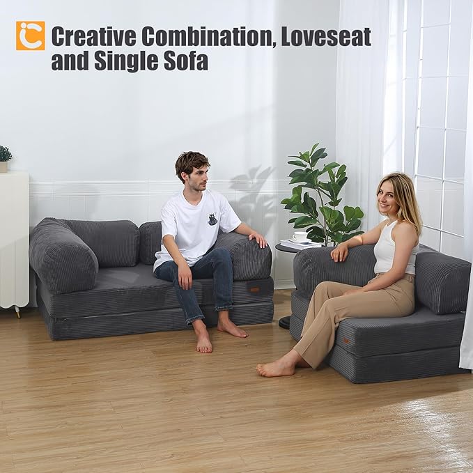 COMAX Futon Sofa Bed 4-in-1 Floor Foldable Sofa Couch Bed Queen with L-Shaped Armrests Convertible Folding Chair Bed Sleeper Mattress Fold Out Comfy Lounge for Living Room Bedroom Grey