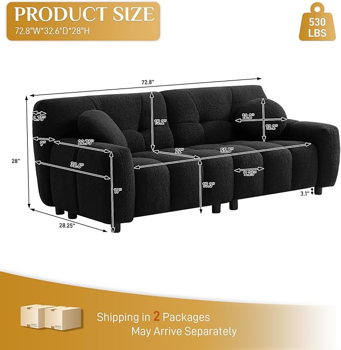 Modern Boucle Sofa Couch Comfy Deep Seat Teddy Cloud Couch 72.8 Upholstered Cozy Sherpa 2 Seater Couches with Pillows Oversized Loveseat Sofa for Living Room Apartment Black