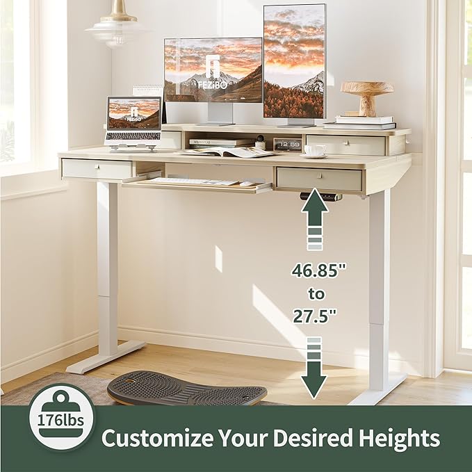 FEZIBO 55'' x 24 Height Adjustable Electric Standing Desk with 4 Drawers and Keyboard Tray Home Office Table for Work Study Gaming Writing Light Walnut