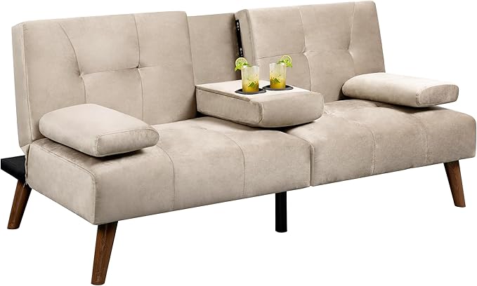 Walsunny Futon Sofa Bed Convertible Sofa Couch Bed Velvet Futon Couch with Cup Holder Sleeper Sofa with Adjustable Backrest for Living Room Small Space