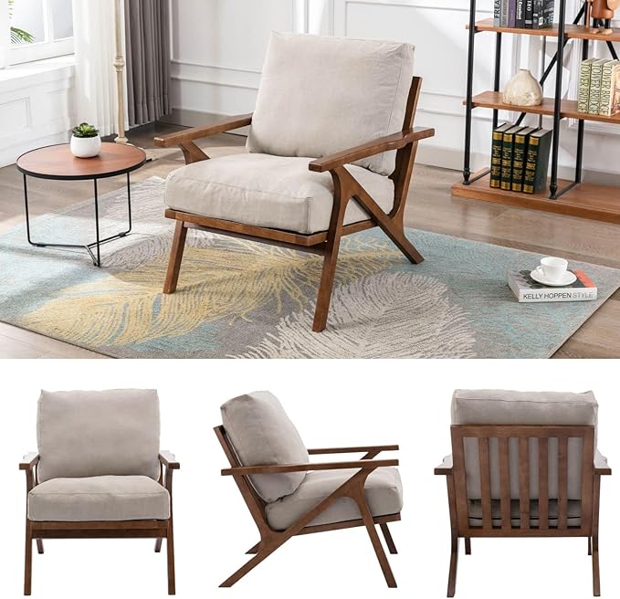 HNY Set of 2 Mid Century Accent Chair Faux Leather Upholstered Armchair with Wood Frame and Canvas Cushions Leisure Reading Chair Slipper Chair for Living Room Bedroom Beige