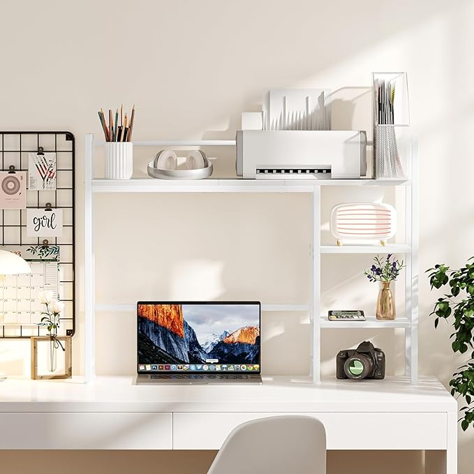 Snughome Desk Shelf 38.6 Desktop Organizer Shelf Desk Hutch for Computer Monitor 4 Tier Desk Display Rack Wood Desktop Bookshelf Storage Rack for Home Office Dorm White
