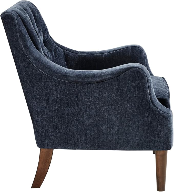 Madison Park Qwen Upholstered Accent Chair with Solid Wood Legs Button Tufted Round Arms Removable Seat Cushion Transtional Pipped Padded Cushion Seat Bedroom Lounge Comfy for Reading Navy