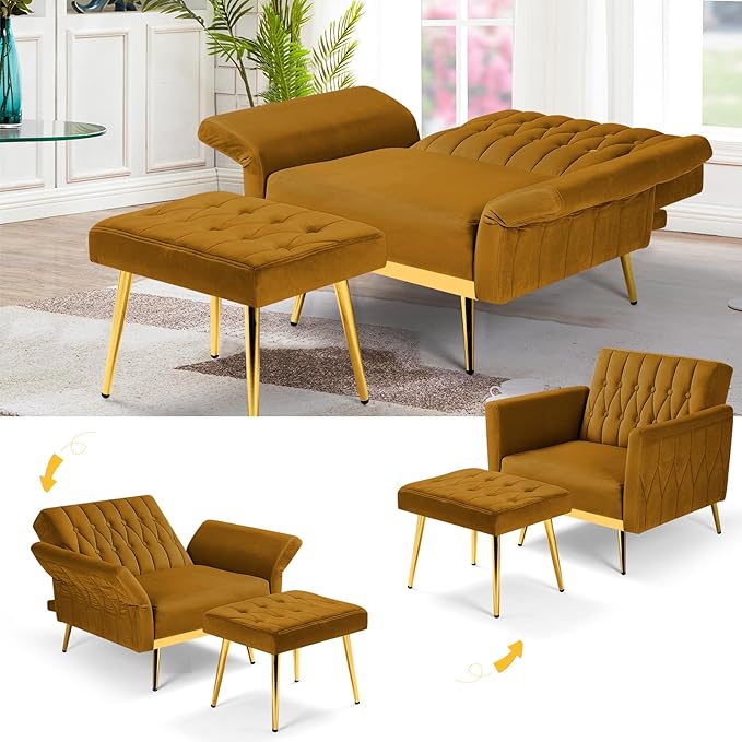 Velvet Accent Chair with Adjustable Armrests and Backrest Button Tufted Lounge Chair Single Recliner Armchair with Ottoman and Pillow for Living Room Bedroom Ginger