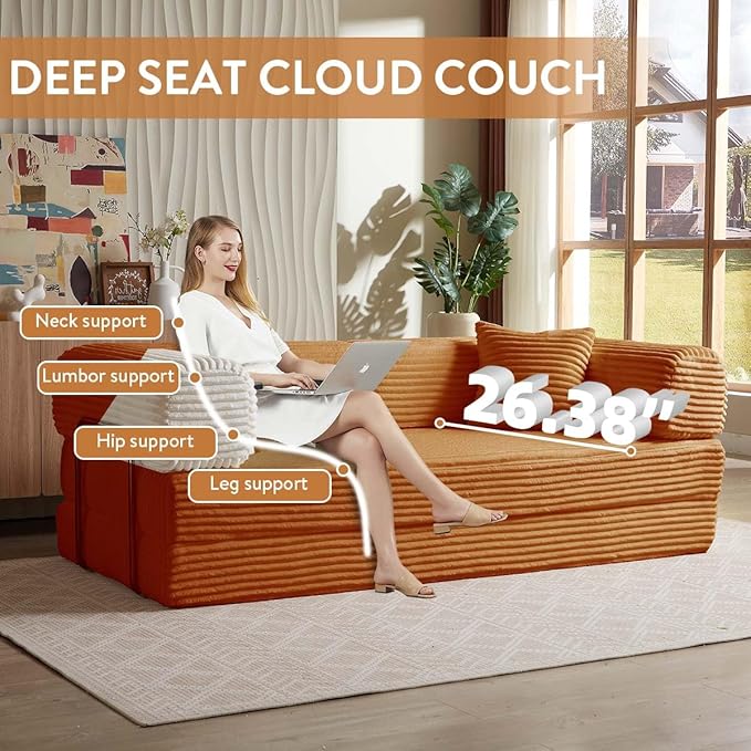 Convertible Folding Sofa BedFold Out Floor Sofa Couch with Fixed-Shape FrameCorduroy Foldable Mattress Cloud Couch for Living Room Bedroom (Orange 81 Inch)