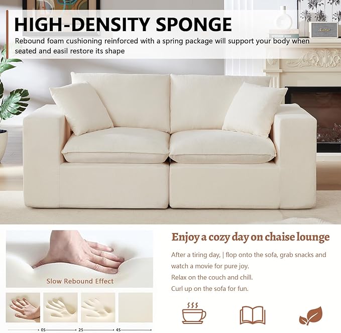 78” Cloud Loveseat Sofa with Cushions Boneless Couch in a Box Chenille Foam Couch for Bedroom Living Room Apartment Modern Small No Assembly (White)