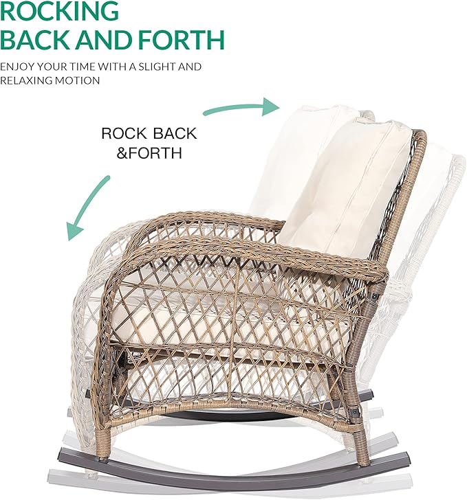 VIVIJASON 3-Piece Outdoor Conversation Bistro Set Patio Wicker Rocking Chairs Rattan Furniture Sets w/ 2 Rattan Chairs Cushions Glass Top Side Table for Garden Porch Backyard