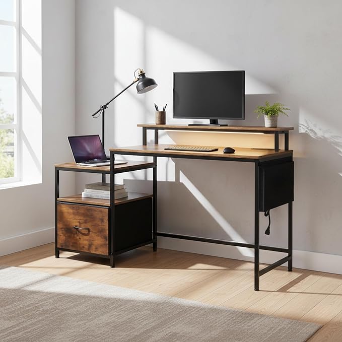 FurnitureR Computer Desk with LED Lights Monitor Stand USB Charging Port Storage Drawer Side Shelf &amp Cloth Bag 39.4-Inch Home Office Desk Workstation Rustic Brown