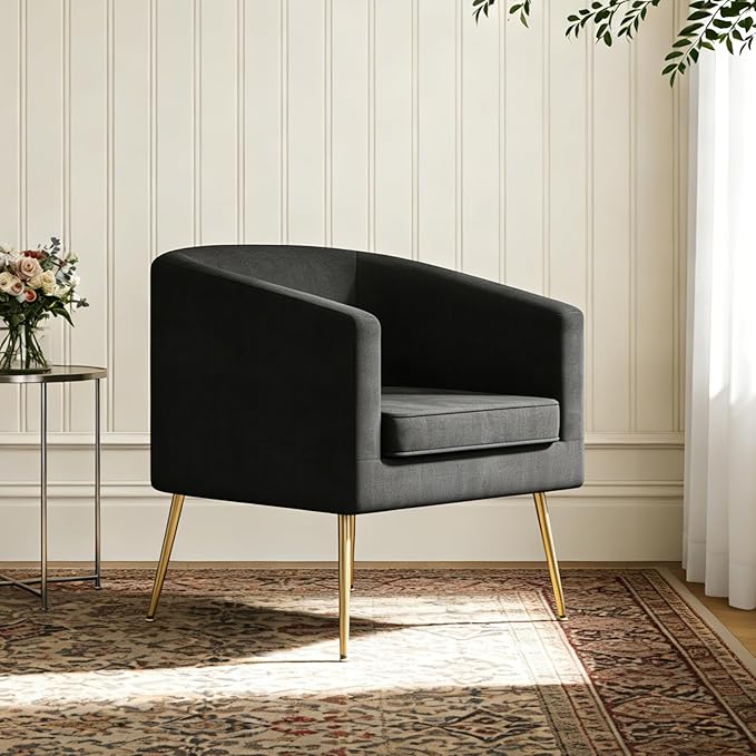 Velvet Accent Chair Set of 2 Modern Barrel Armchair with Gold Legs Upholstered Club Chairs for Living Room/Bedroom/Guest Reception Black
