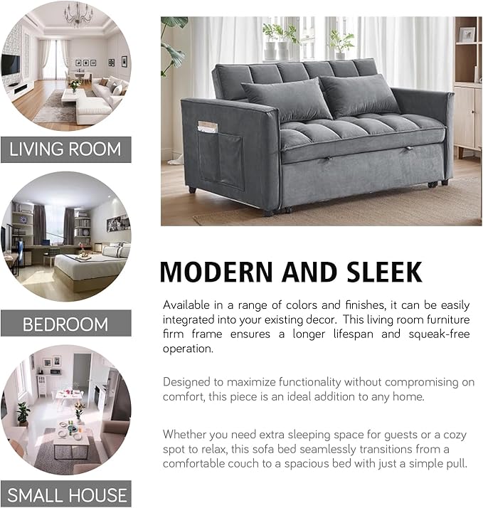 55 Convertible Full Size Sofa Bed 3 In 1 Velvet Sleeper Sofa with Pull-Out Bed Futon Couch with Adjustable Backrest and Side PocketModern Loveseat for Small SpacesLiving Room (Dark Grey)