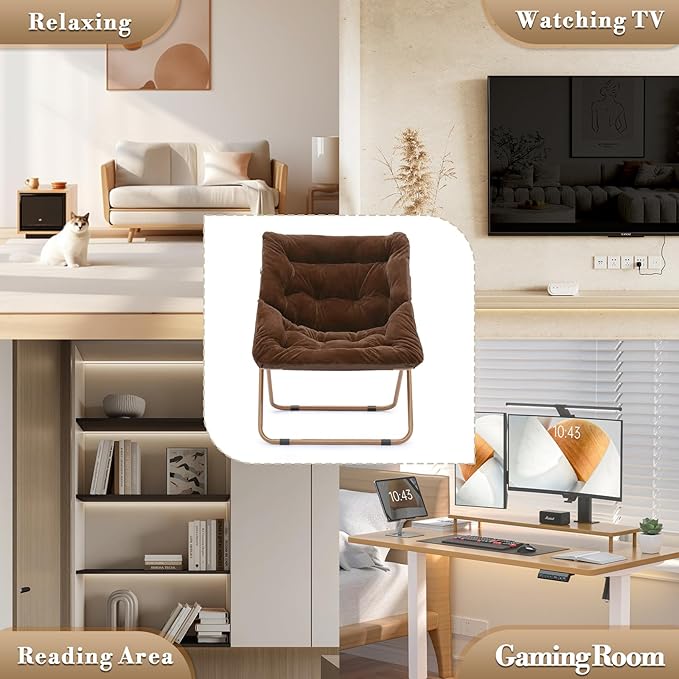 Athena Collection Comfy Saucer Chair and Ottoman Set for Adult Comfortable Faux Fur Square Oversize Folding Reading Chair with Metal Leg Lazy and Cozy for Bedroom Living Room Brown