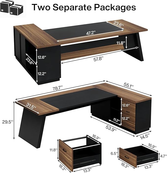 Tribesigns 78 L-Shaped Executive Desk Extra Large Modern Office Desk with Drawers and File Cabinet Business Furniture with Storage Shelves Big Computer Desk for Home Office (Light Walnut + Black)