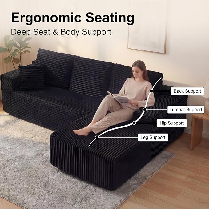 Boneless Couch for Living Room No Assembly Required Cloud Couch Modular Sectional Sofa with Plush Corduroy Fabric Minimalist Oversized L-Shaped Couch with Chaise Fluffy Pillows and Cushion.