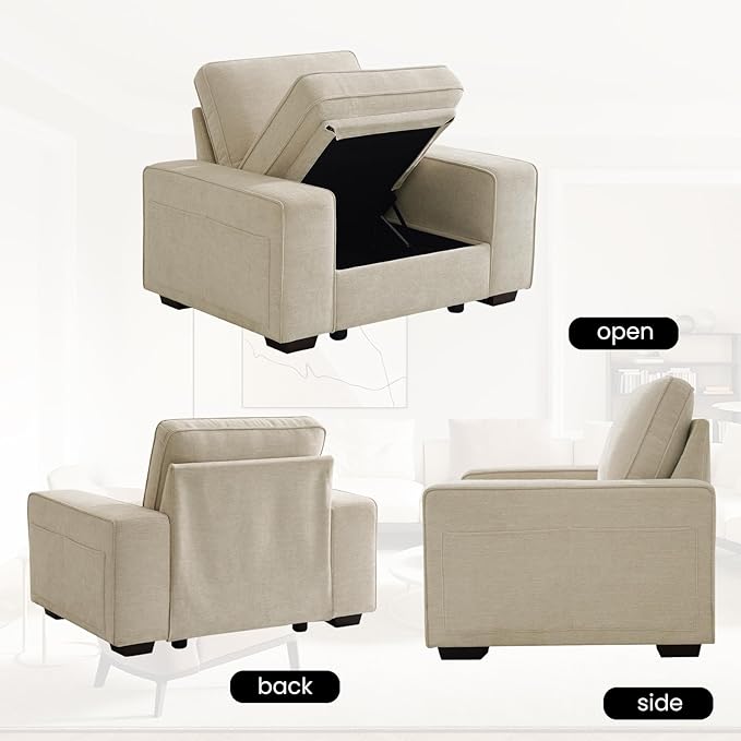 45 Accent Chair Oversized Wide Armchair with Seat Storage and Side Pockets Single Sofa Chair Modern Chenille Couch for Living Room Office Apartment Washable CoversUSB Charging Port Beige