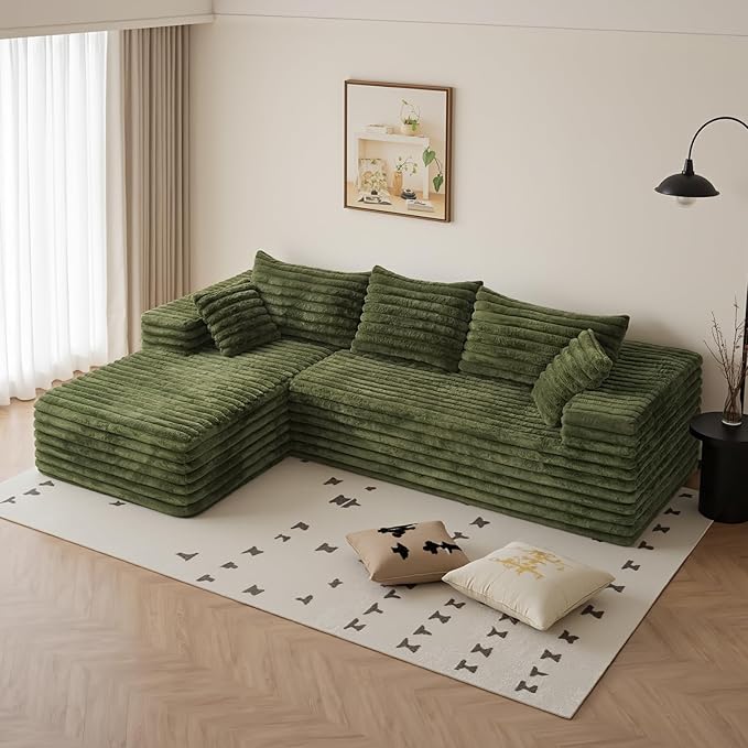 103” Boneless Couch with Chaise Deep Seat Comfy Cloud Modular Sofa Corduroy Memory Foam Sectional Couches for Living Room Bedroom No Assembly Required