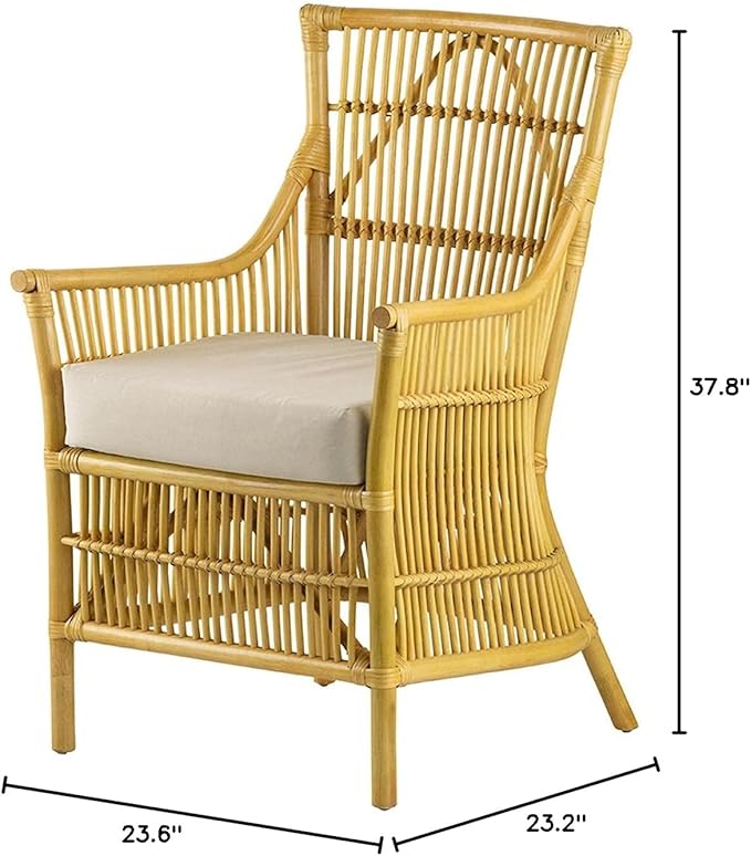 A and B Home 37.8 H Yellow and White Rattan Indoor Arm Chair w/Soft Thick Cushion Traditional Style Chair Side Chair