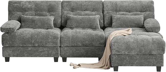 93 3+1 Seater Sofa with Ottoman - 4-Position Adjustable Backrest 350lb/Seat Soft Chenille Fabric 3 Throw Pillows Easy Assembly (Gray)