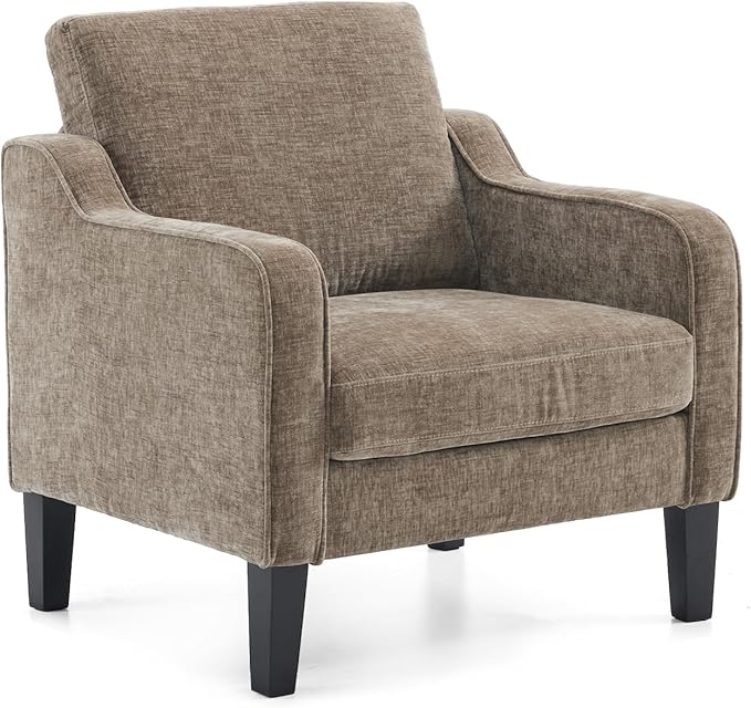VINGLI Chair Light Brown Upholstered Chenille Accent Chair for Living Room Bedroom Mid-Century Modern Arm Chair Comfy Reading Chair with Scooped Arms