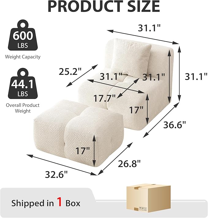 Chifee &amp Vingol 31 Oversized Boneless Single Sofa with Ottoman &amp Pillow Upholstered Reading Couch and Ottoman Set for Living Room Bedroom Reading NookIvory