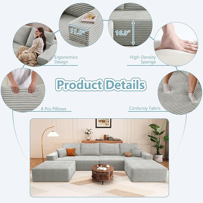 136 U Shaped Cloud Sectional Couch with Fluffy Corduroy Deep Memory Foam Seats Sofa with 1 Ottoman for Living Room No Assembly Required(GreyRight-Facing Chaise)