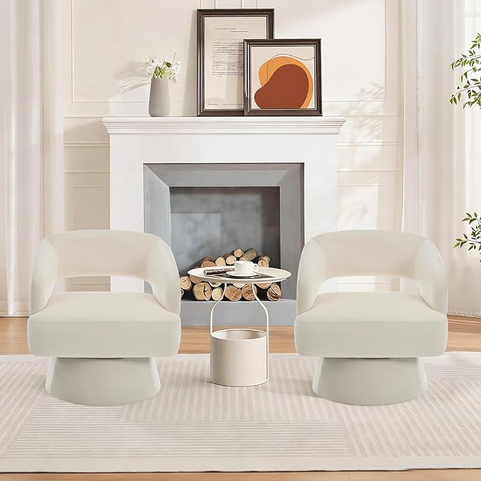 Swivel Barrel Chair - Velvet Upholstered Modern Armchair with Striped Backrest &amp Plush Padding Round Lounge Chair for Living Room Bedroom (Beige-Openwork-(1 Pcs))