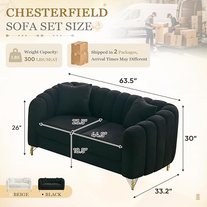 Black Cloud Couch for Living Room 63.5 Modern Comfy Overstuffed Deep Seat Tufted Sofa with Gold Legs &amp Pillows Plush Teddy Boucle Upholstered Curved Loveseat Settee with Round Arm (Black 2 Sea