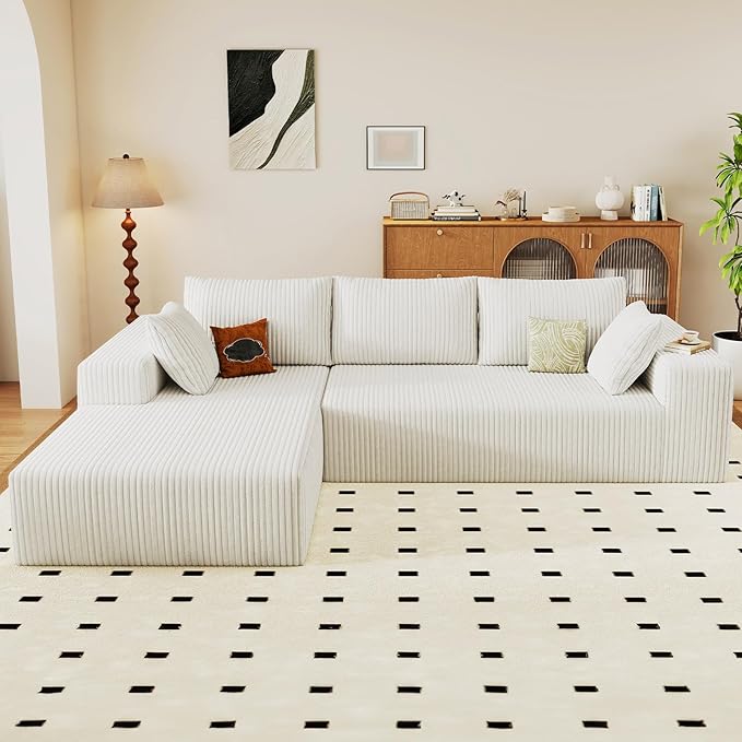 96 Modular Sectional Couch Boneless L Shaped Cloud Sofa with Chaise Lounge Corduroy Upholstered Couches Memory Foam Deep Seat No Assembly Required Ideal for Living Room(White Left Facing)