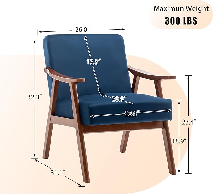 Mid Century Modern Accent Chairs with Solid Wood Frame Comfortable Accent Chair with Arms for Living Room or BedroomBlue