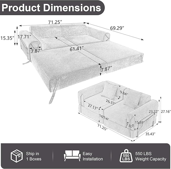Cloud Modular Sectional Sofa Foldable Floor Couch Bed Convertible Sleeper Sofa Bed Fold Out Boneless Couches for Living Room Office Guest Room Apartment (Loveseat Beige)