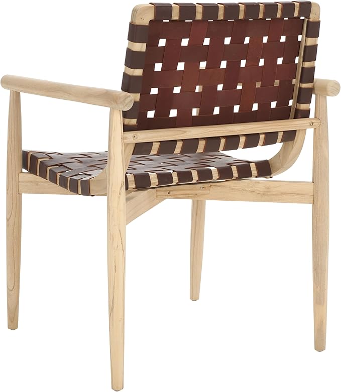 SAFAVIEH Home Collection Dionne Natural Sungkai Solid Wood/Cognac Brown Leather Woven Accent Chair (Fully Assembled)