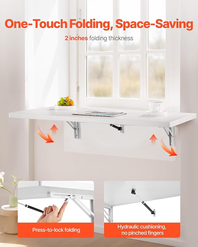 VEVOR Wall Mounted Folding Table 39.4 x 19.7 inches Wall Mount Table Floating Desk with Iron Bracket for Small Spaces Home Office Dining Laundry Room Kitchen Bar White